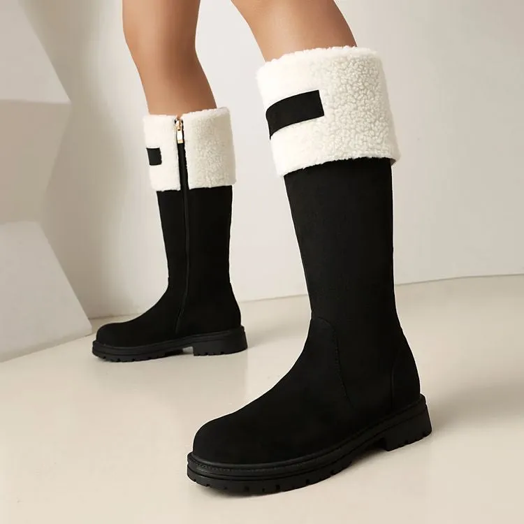 Women's Patchwork Plush Flats Knee High Snow Boots