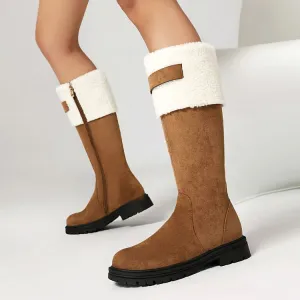 Women's Patchwork Plush Flats Knee High Snow Boots