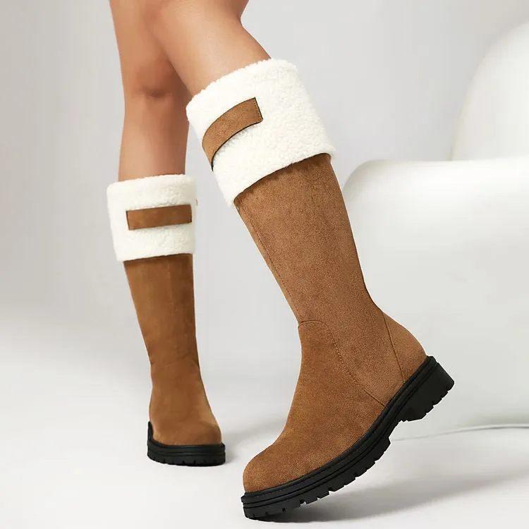 Women's Patchwork Plush Flats Knee High Snow Boots