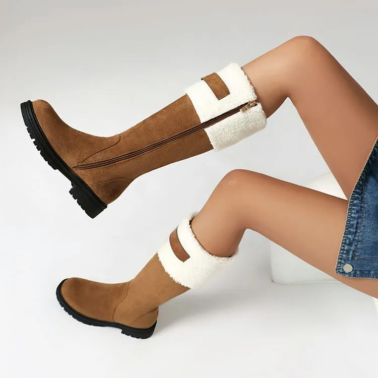Women's Patchwork Plush Flats Knee High Snow Boots