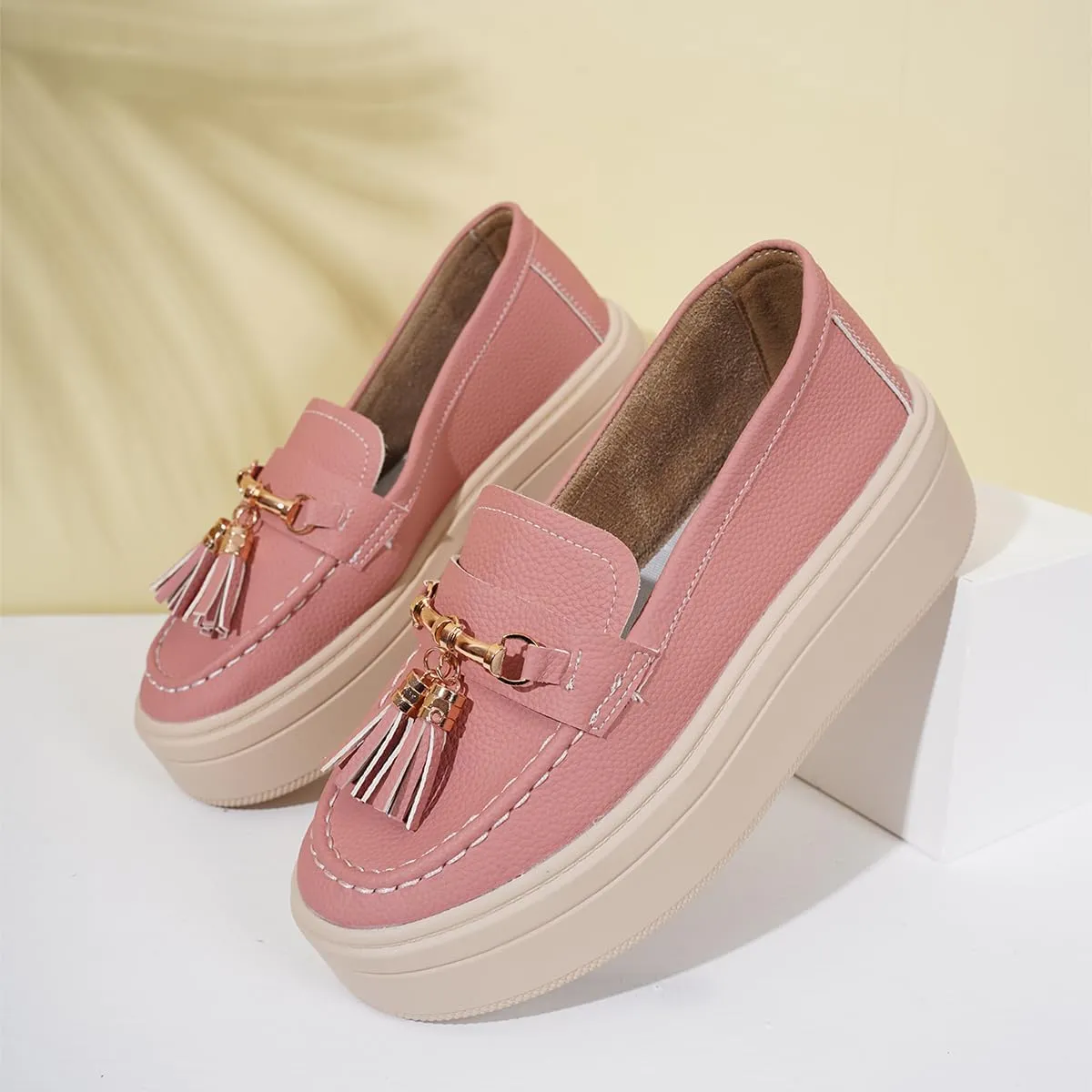 Women's Platform Loafers with Tassel, Faux Leather, Chunky Sole, Gold Hardware