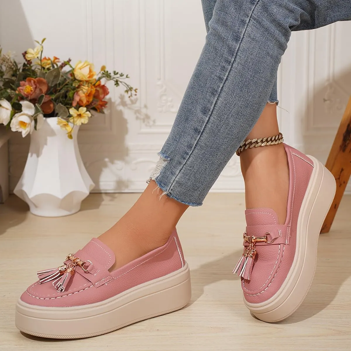 Women's Platform Loafers with Tassel, Faux Leather, Chunky Sole, Gold Hardware