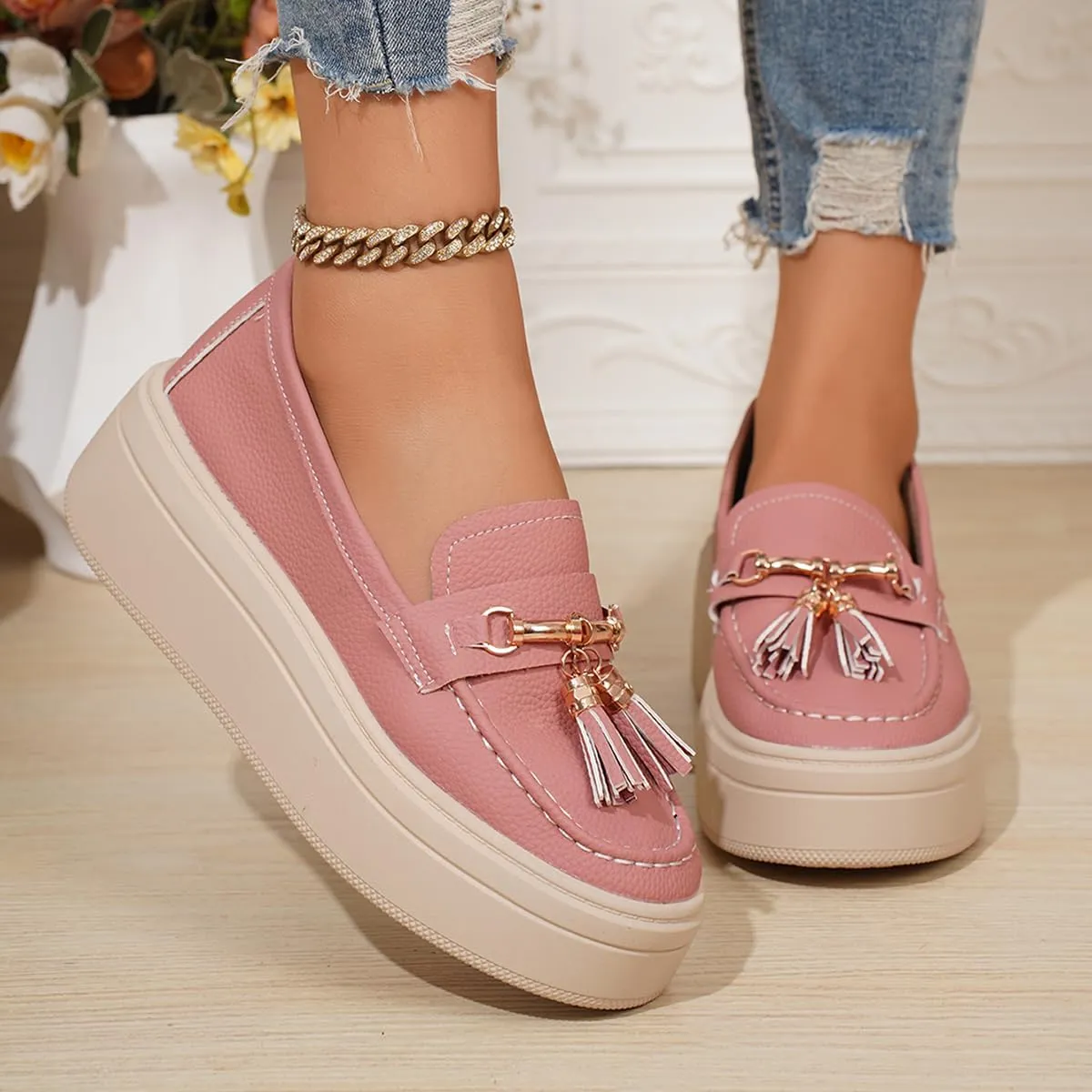 Women's Platform Loafers with Tassel, Faux Leather, Chunky Sole, Gold Hardware