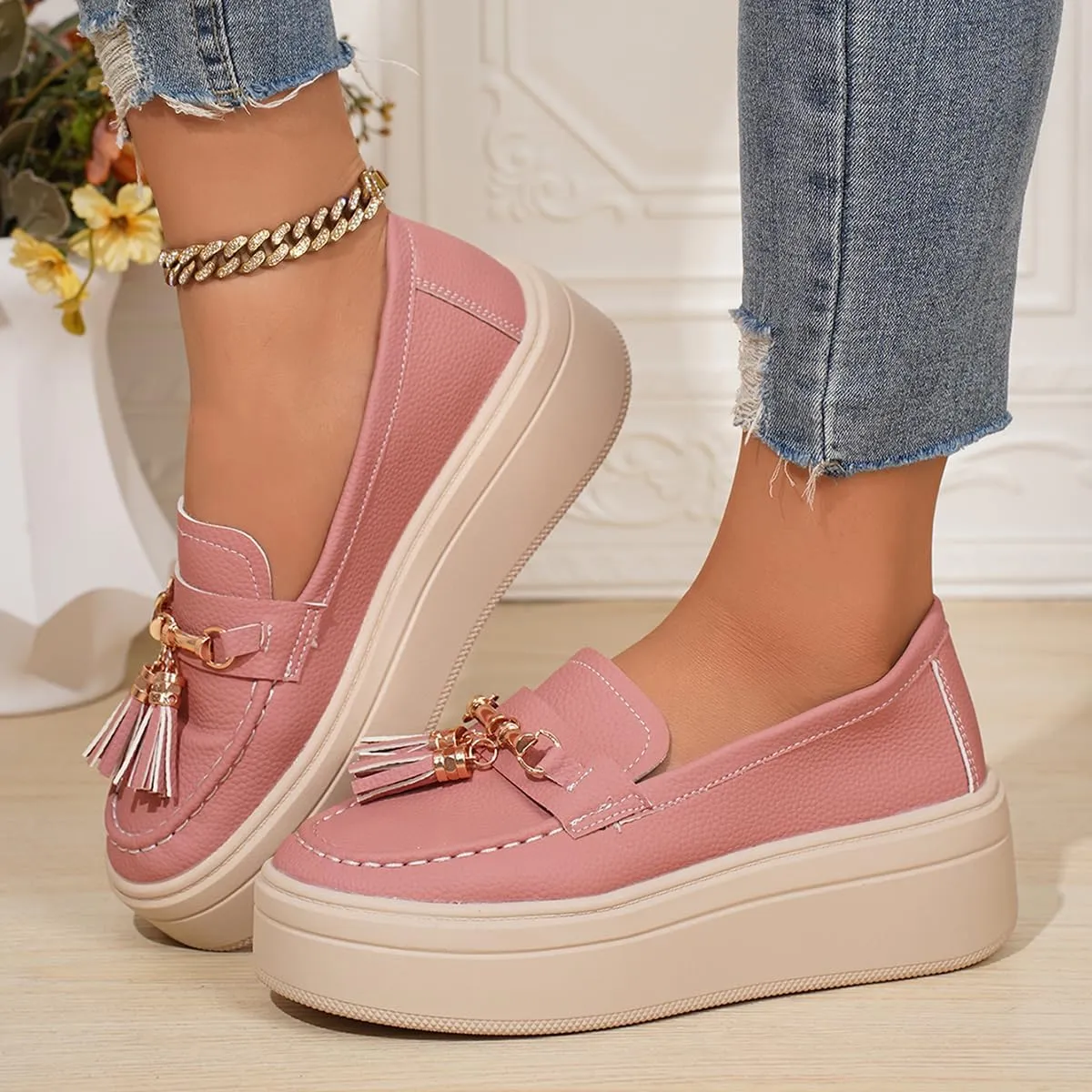 Women's Platform Loafers with Tassel, Faux Leather, Chunky Sole, Gold Hardware