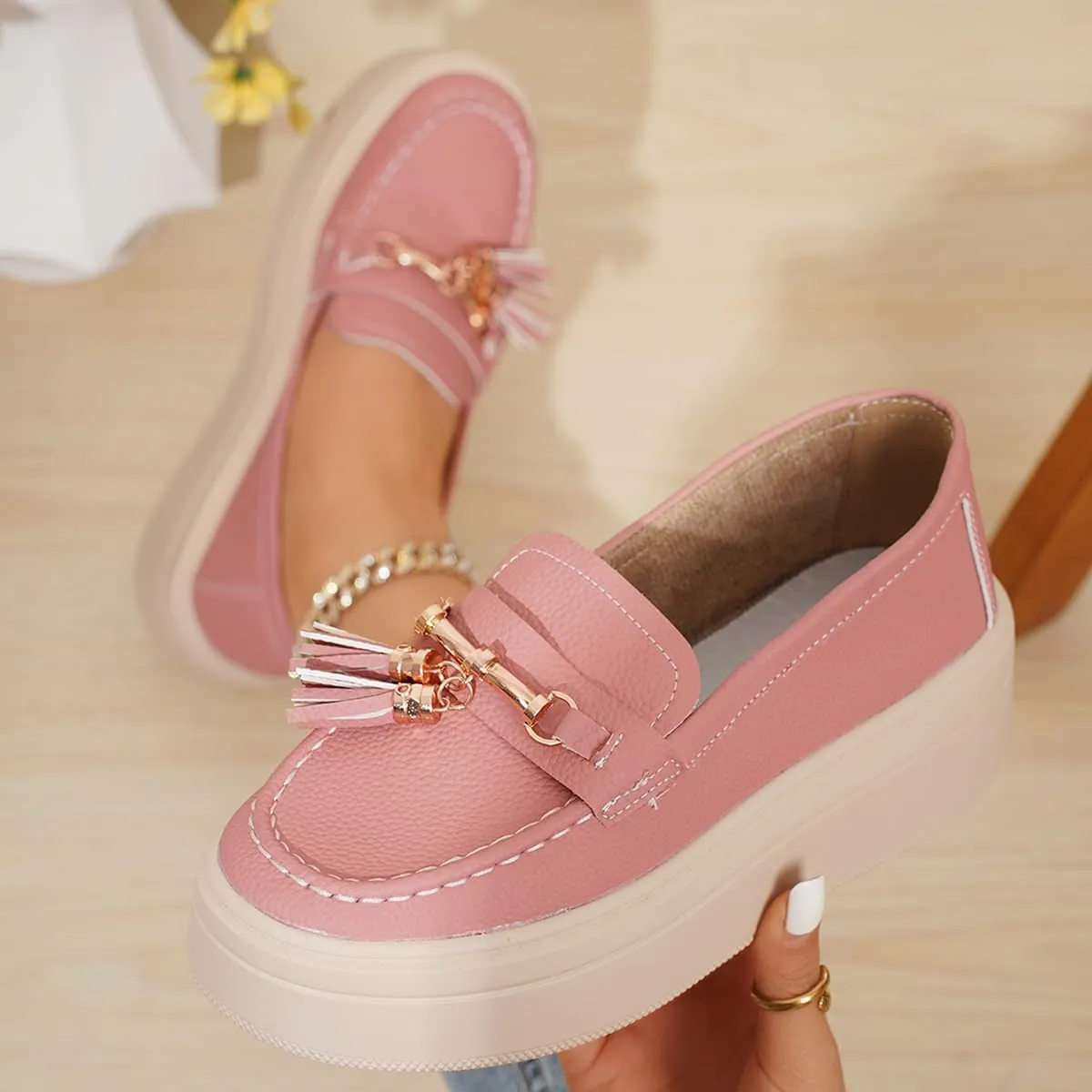 Women's Platform Loafers with Tassel, Faux Leather, Chunky Sole, Gold Hardware