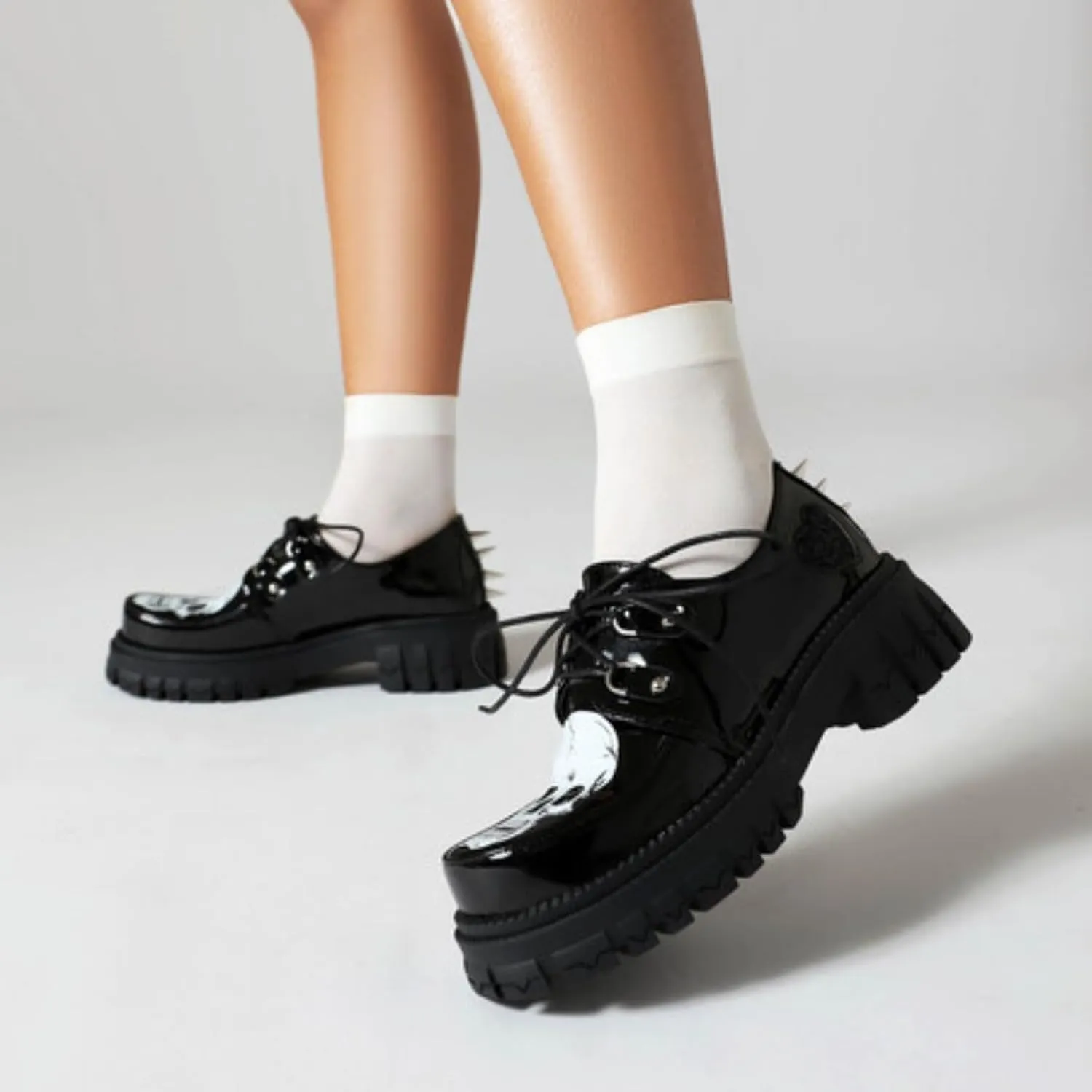 Women's Platform Round Toe Chunky Heels Block Lace Up Oxfords Fashion Studded Skull Print Party Evening Prom Dress Shoes