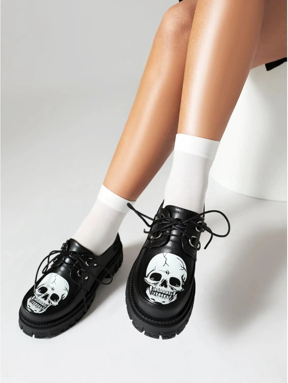 Women's Platform Round Toe Chunky Heels Block Lace Up Oxfords Fashion Studded Skull Print Party Evening Prom Dress Shoes