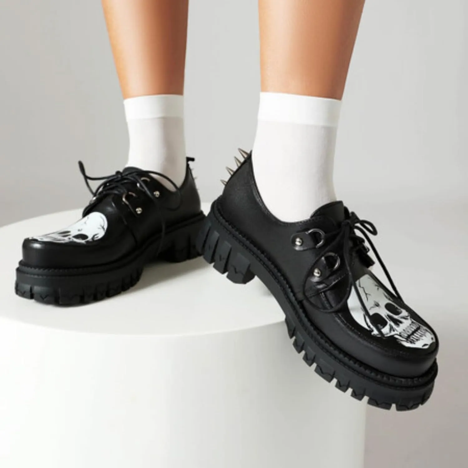 Women's Platform Round Toe Chunky Heels Block Lace Up Oxfords Fashion Studded Skull Print Party Evening Prom Dress Shoes