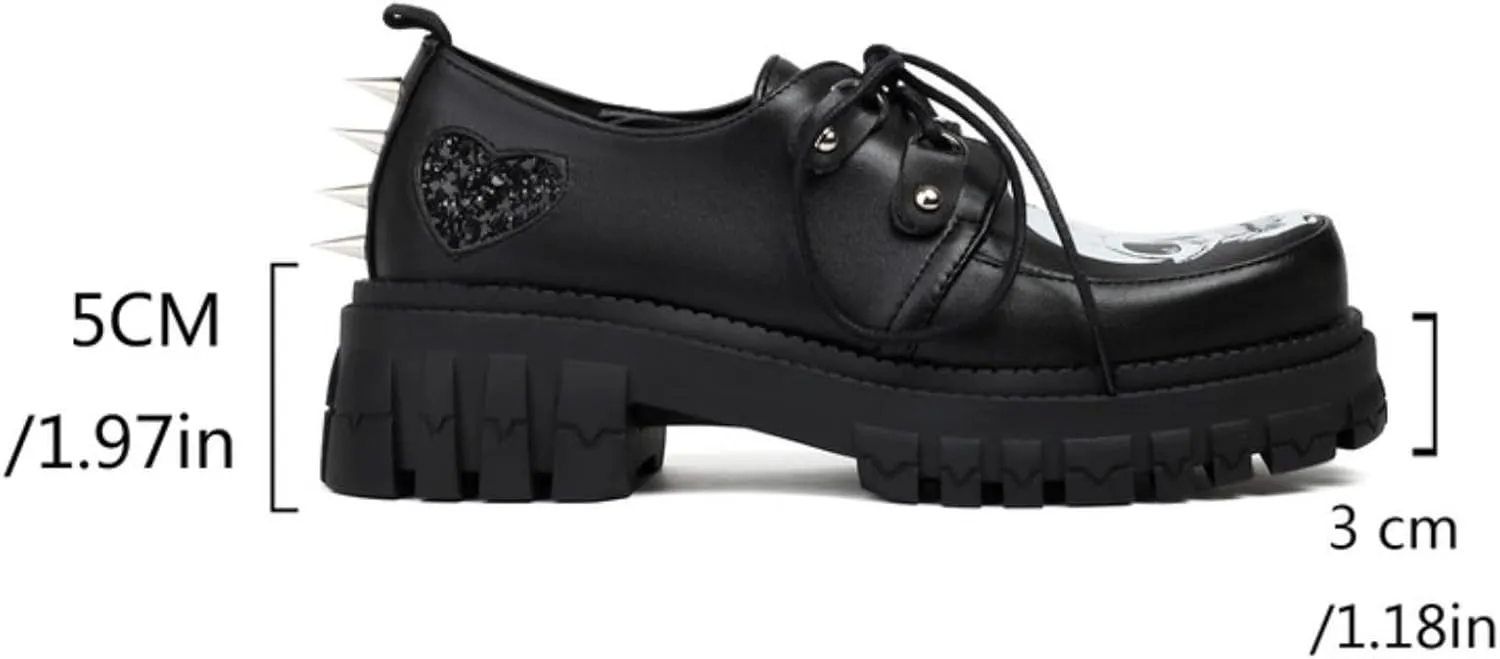Women's Platform Round Toe Chunky Heels Block Lace Up Oxfords Fashion Studded Skull Print Party Evening Prom Dress Shoes