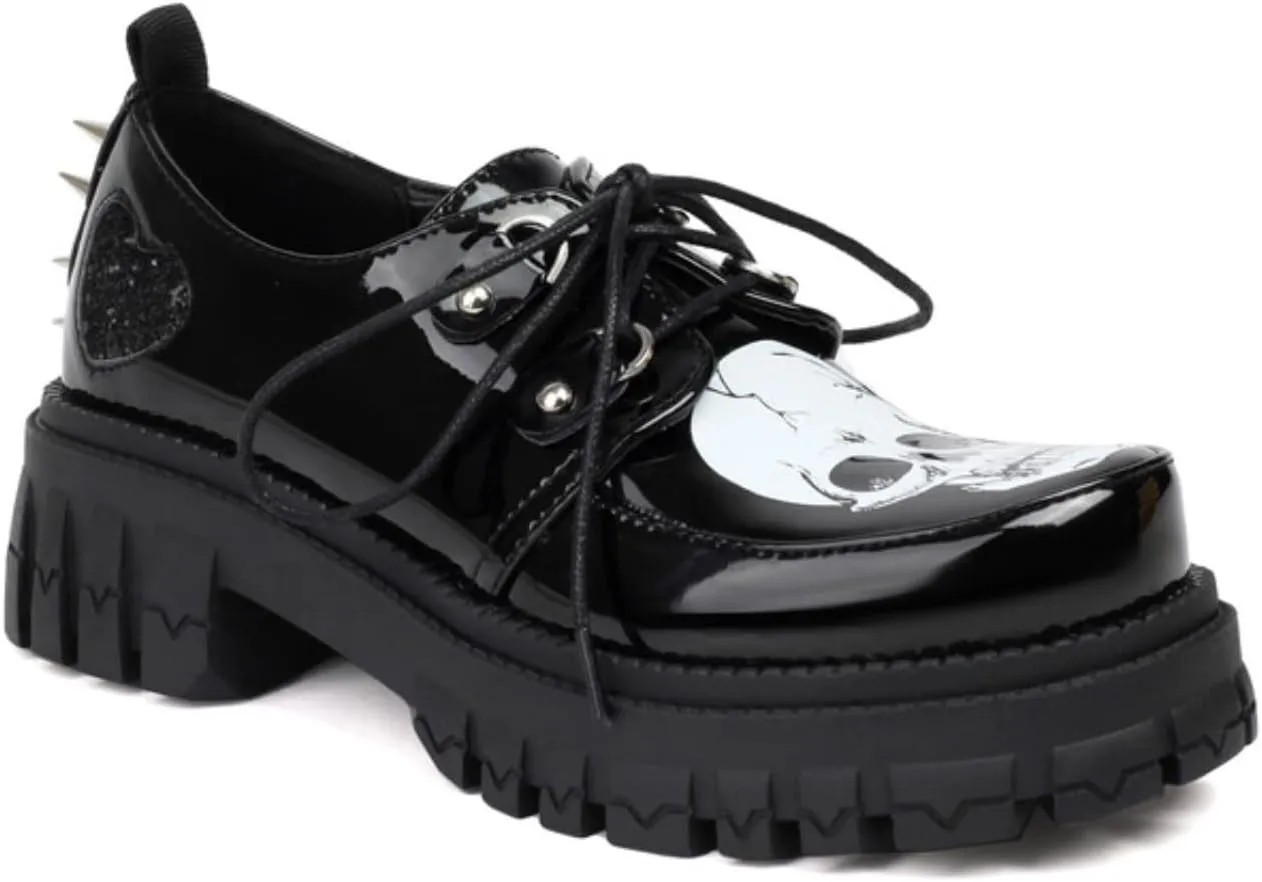 Women's Platform Round Toe Chunky Heels Block Lace Up Oxfords Fashion Studded Skull Print Party Evening Prom Dress Shoes