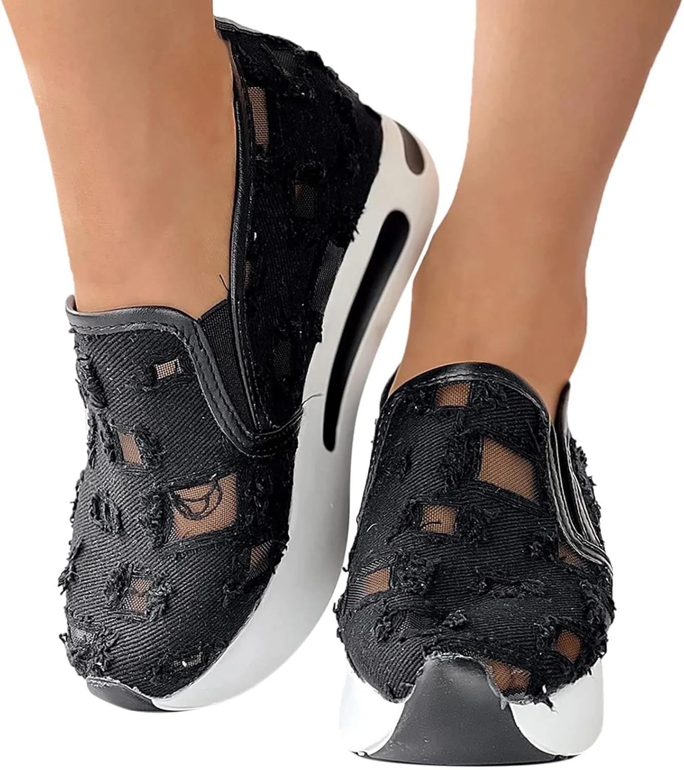 Womens Platform Sneakers Embroidery Floral Mesh Hollow Out Breathable Sneakers Chunky Sole Wedge Athletic Tennis Walking Shoes Slip On Lightweight Non Slip Work Shoes