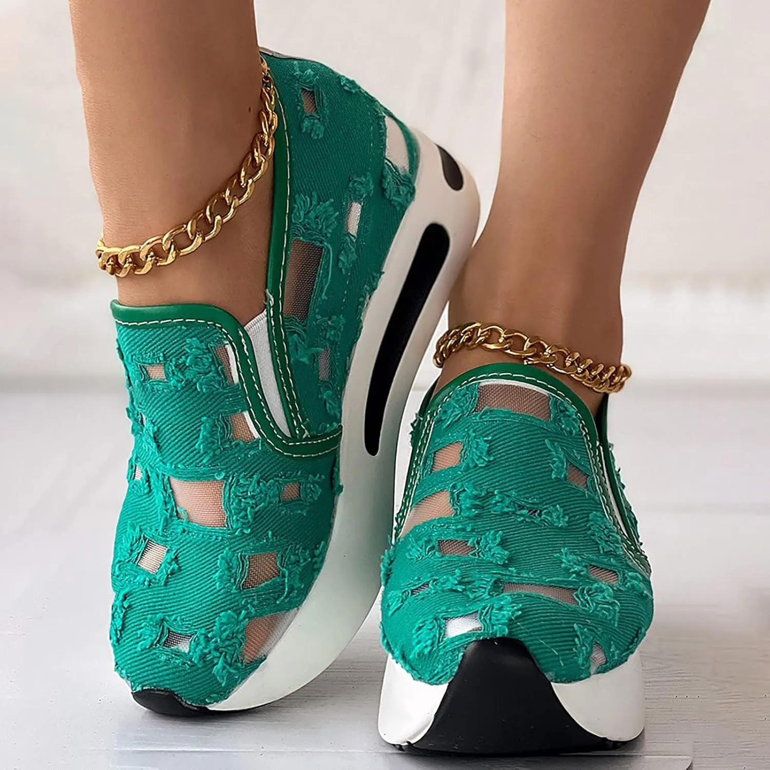 Womens Platform Sneakers Embroidery Floral Mesh Hollow Out Breathable Sneakers Chunky Sole Wedge Athletic Tennis Walking Shoes Slip On Lightweight Non Slip Work Shoes