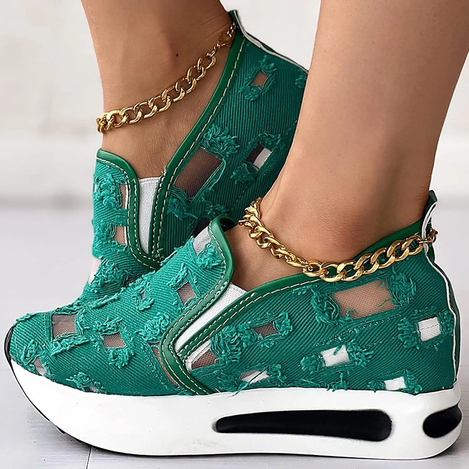 Womens Platform Sneakers Embroidery Floral Mesh Hollow Out Breathable Sneakers Chunky Sole Wedge Athletic Tennis Walking Shoes Slip On Lightweight Non Slip Work Shoes