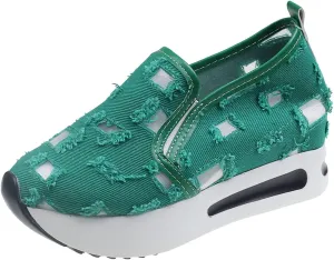 Womens Platform Sneakers Embroidery Floral Mesh Hollow Out Breathable Sneakers Chunky Sole Wedge Athletic Tennis Walking Shoes Slip On Lightweight Non Slip Work Shoes