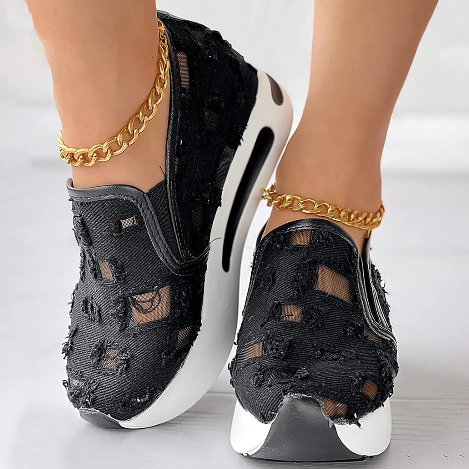Womens Platform Sneakers Embroidery Floral Mesh Hollow Out Breathable Sneakers Chunky Sole Wedge Athletic Tennis Walking Shoes Slip On Lightweight Non Slip Work Shoes
