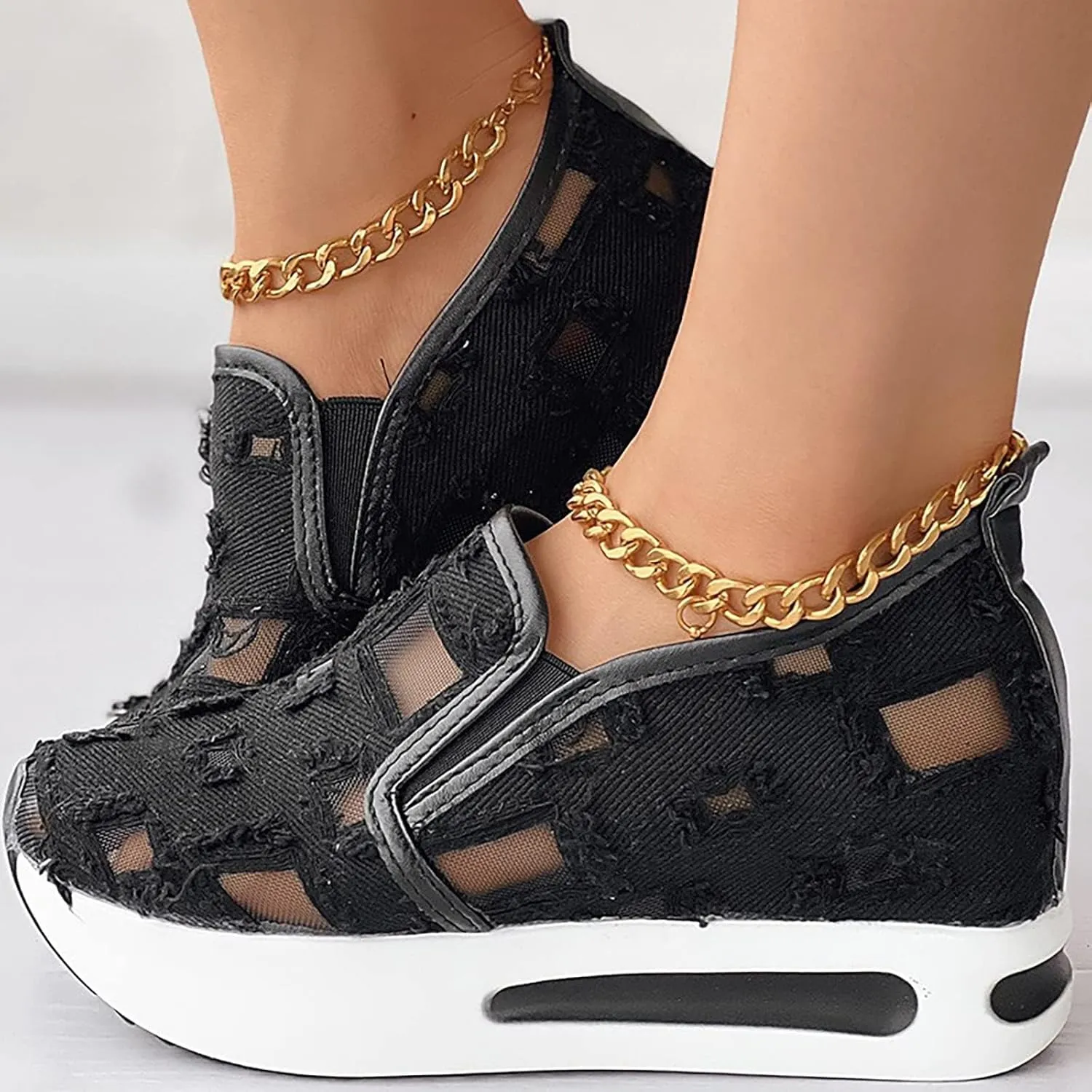 Womens Platform Sneakers Embroidery Floral Mesh Hollow Out Breathable Sneakers Chunky Sole Wedge Athletic Tennis Walking Shoes Slip On Lightweight Non Slip Work Shoes