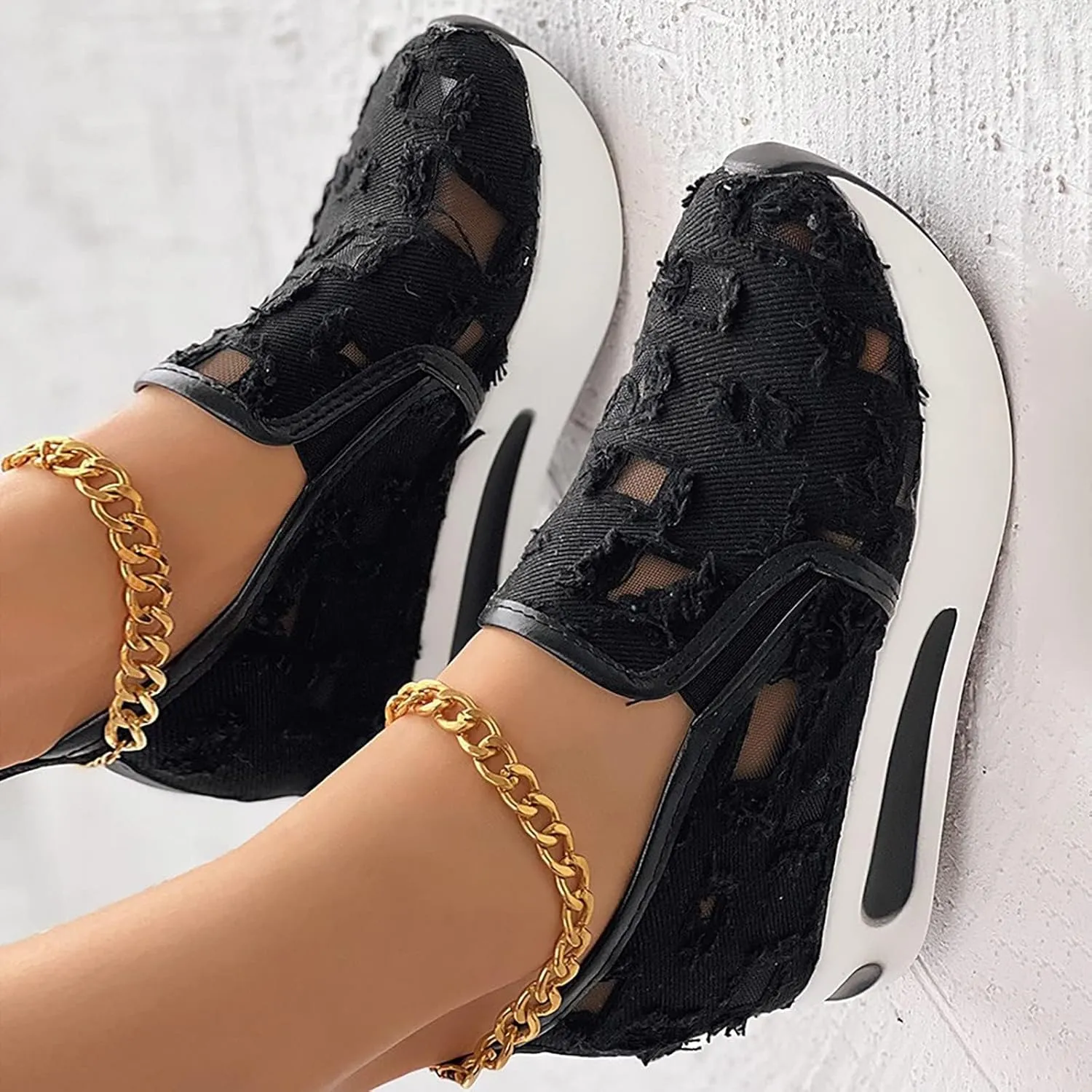 Womens Platform Sneakers Embroidery Floral Mesh Hollow Out Breathable Sneakers Chunky Sole Wedge Athletic Tennis Walking Shoes Slip On Lightweight Non Slip Work Shoes