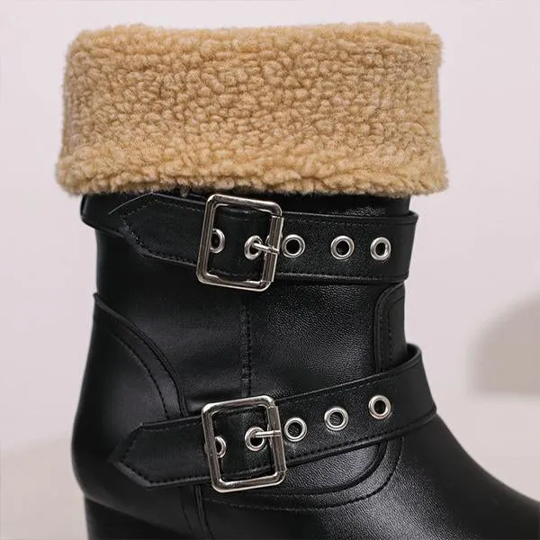 Women's Plush Casual Belt Buckle Block Heel Snow Boots 82561664S