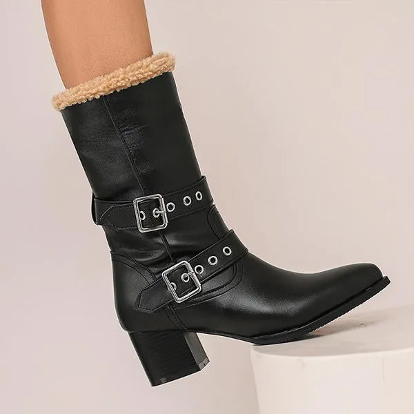 Women's Plush Casual Belt Buckle Block Heel Snow Boots 82561664S