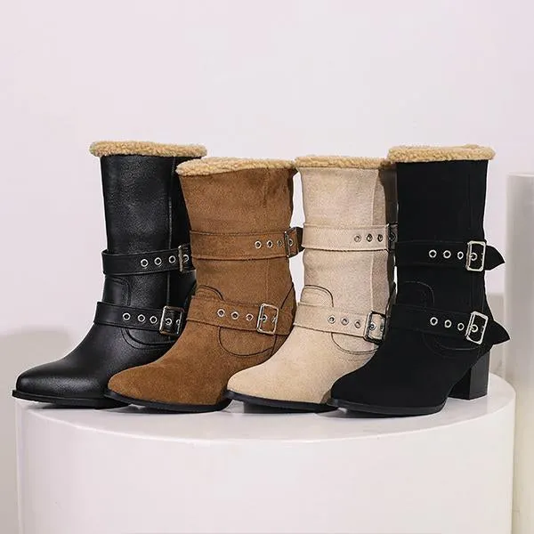 Women's Plush Casual Belt Buckle Block Heel Snow Boots 82561664S