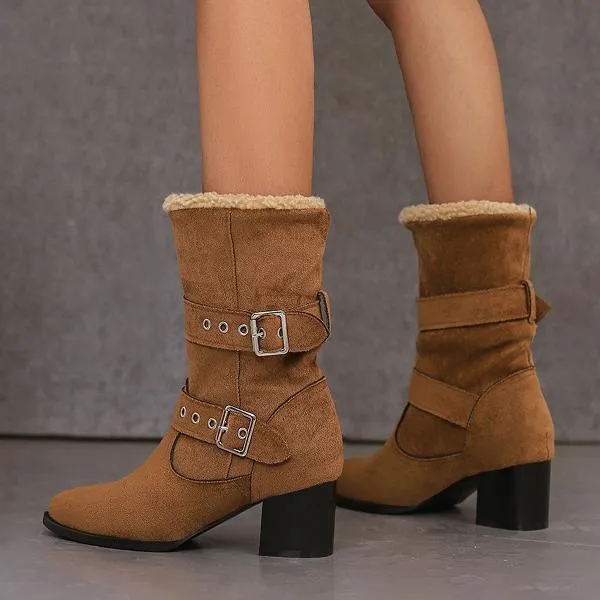 Women's Plush Casual Belt Buckle Block Heel Snow Boots 82561664S