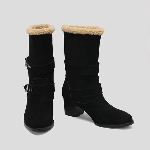 Women's Plush Casual Belt Buckle Block Heel Snow Boots 82561664S