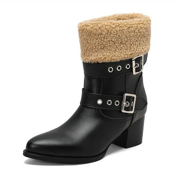 Women's Plush Casual Belt Buckle Block Heel Snow Boots 82561664S