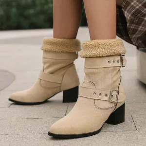 Women's Plush Casual Belt Buckle Block Heel Snow Boots 82561664S
