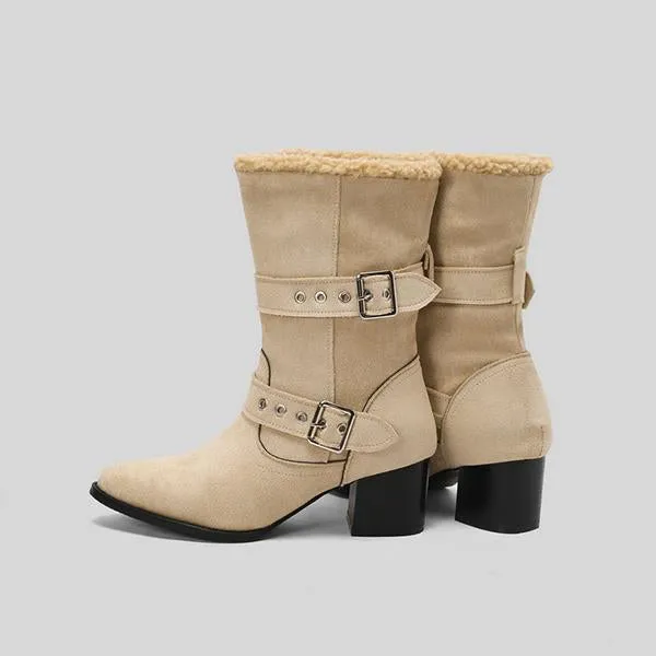 Women's Plush Casual Belt Buckle Block Heel Snow Boots 82561664S