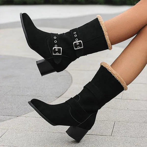 Women's Plush Casual Belt Buckle Block Heel Snow Boots 82561664S