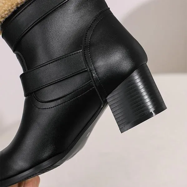 Women's Plush Casual Belt Buckle Block Heel Snow Boots 82561664S
