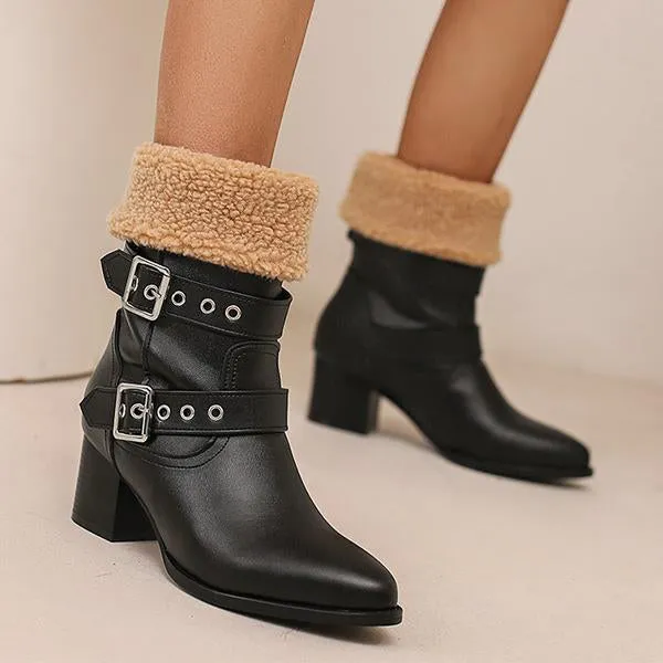Women's Plush Casual Belt Buckle Block Heel Snow Boots 82561664S