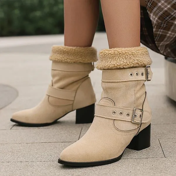 Women's Plush Casual Belt Buckle Block Heel Snow Boots 82561664S
