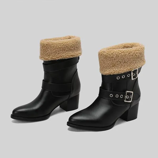 Women's Plush Casual Belt Buckle Block Heel Snow Boots 82561664S