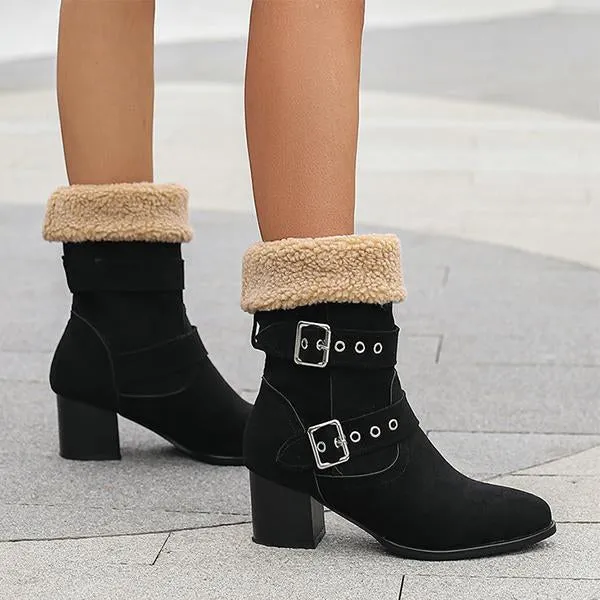 Women's Plush Casual Belt Buckle Block Heel Snow Boots 82561664S