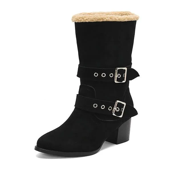 Women's Plush Casual Belt Buckle Block Heel Snow Boots 82561664S
