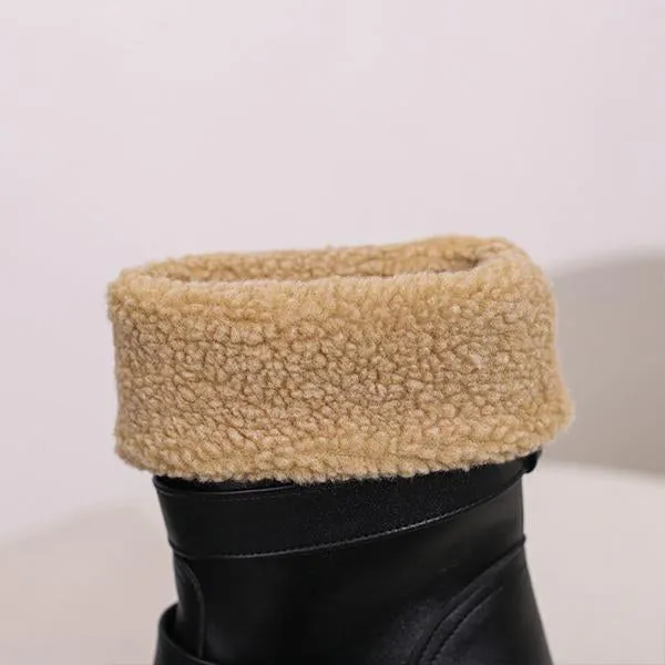 Women's Plush Casual Belt Buckle Block Heel Snow Boots 82561664S