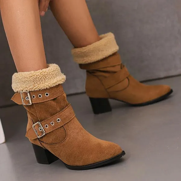 Women's Plush Casual Belt Buckle Block Heel Snow Boots 82561664S