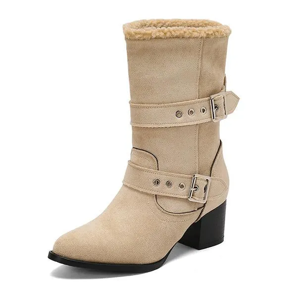Women's Plush Casual Belt Buckle Block Heel Snow Boots 82561664S