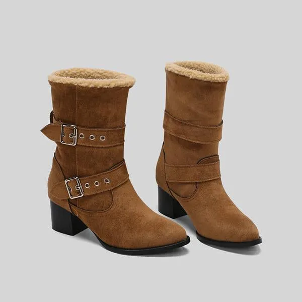 Women's Plush Casual Belt Buckle Block Heel Snow Boots 82561664S