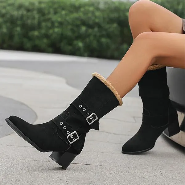 Women's Plush Casual Belt Buckle Block Heel Snow Boots 82561664S