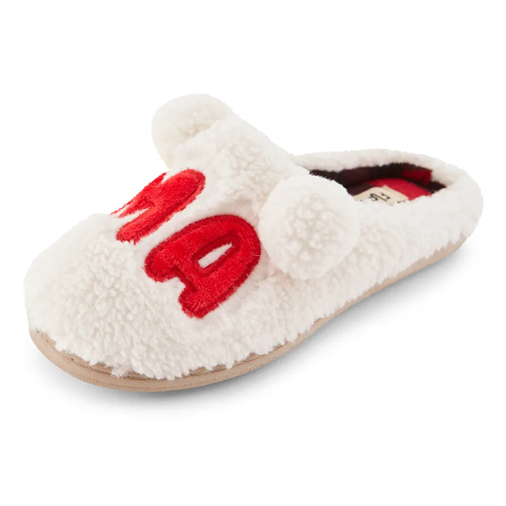 Womens "Mama" Fuzzy Faux Sherpa Clog Slipper w/ Buffalo plaid lining