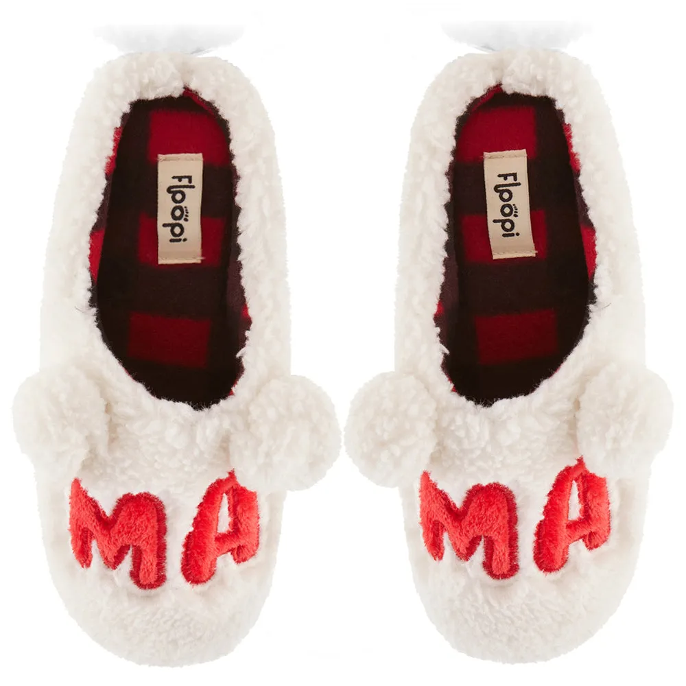 Womens "Mama" Fuzzy Faux Sherpa Clog Slipper w/ Buffalo plaid lining