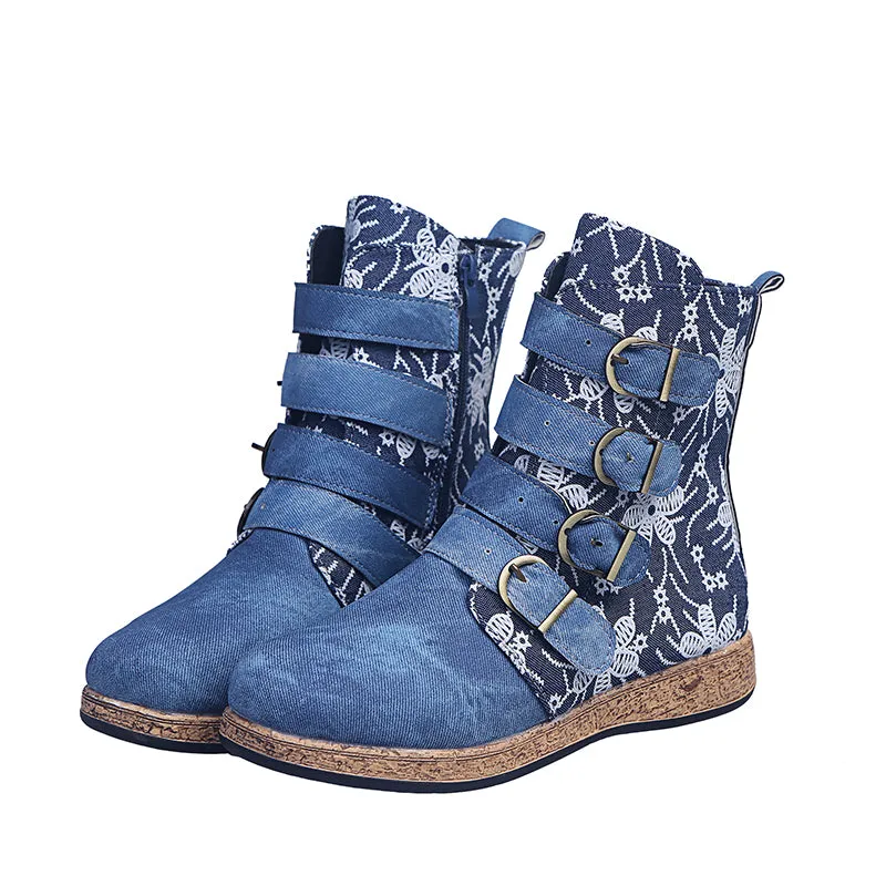 Women's retro floral print ethnic ankle boots boho flat buckle strap boots