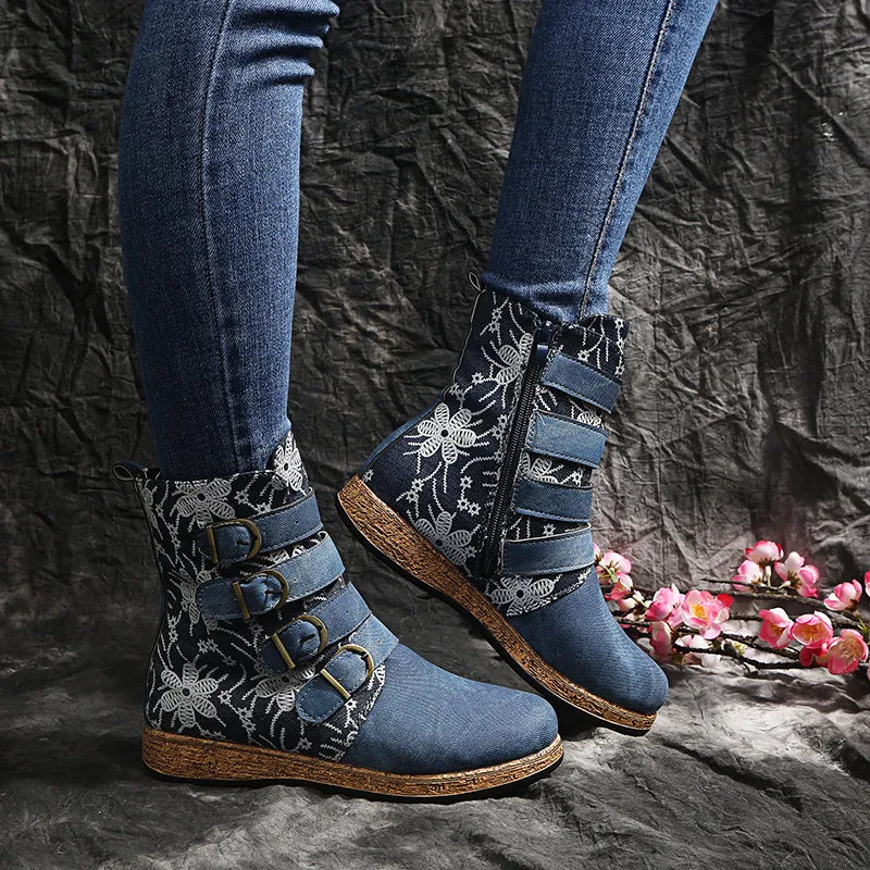 Women's retro floral print ethnic ankle boots boho flat buckle strap boots