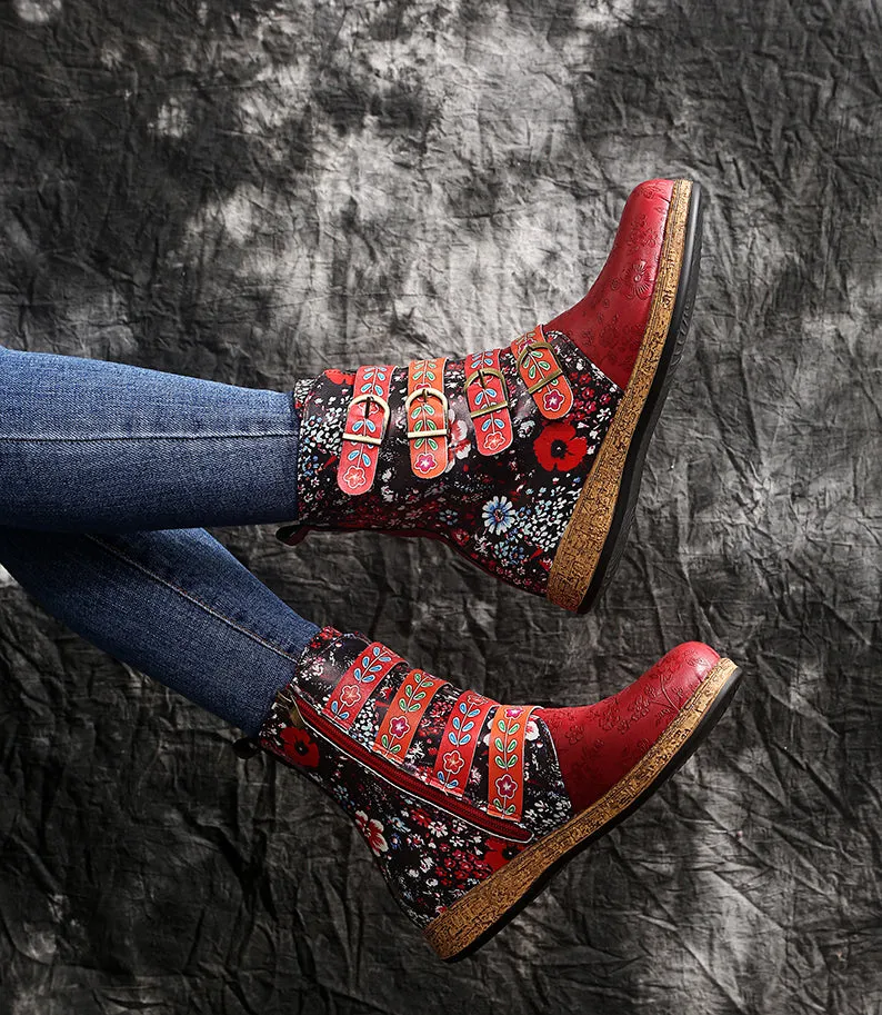 Women's retro floral print ethnic ankle boots boho flat buckle strap boots