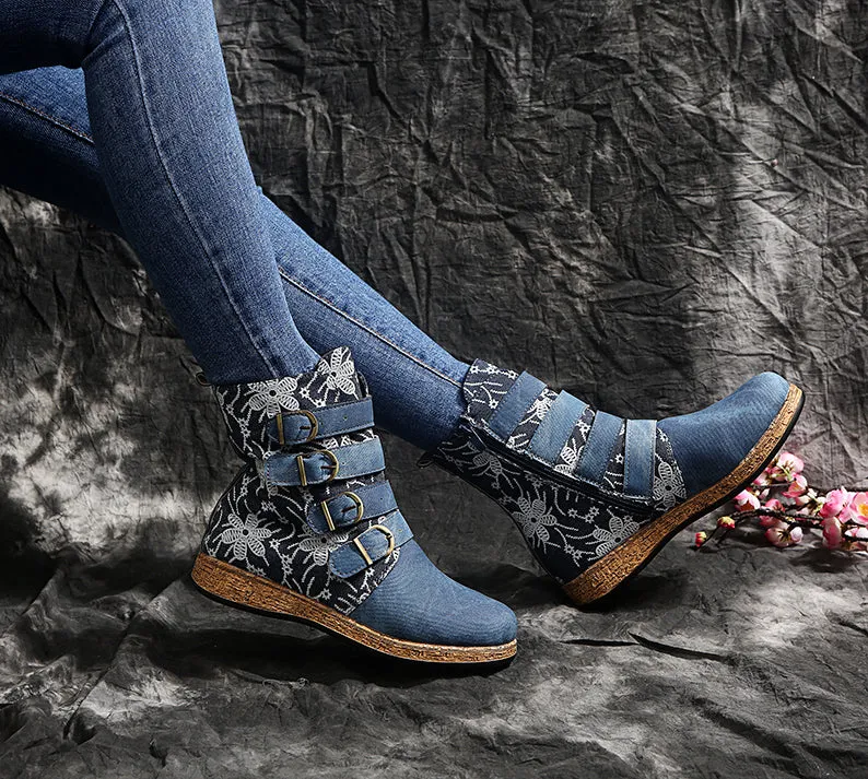 Women's retro floral print ethnic ankle boots boho flat buckle strap boots