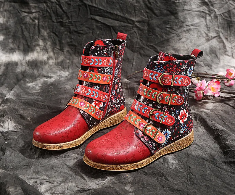 Women's retro floral print ethnic ankle boots boho flat buckle strap boots
