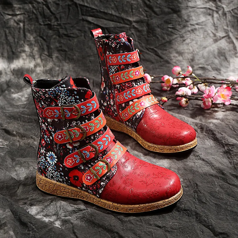 Women's retro floral print ethnic ankle boots boho flat buckle strap boots