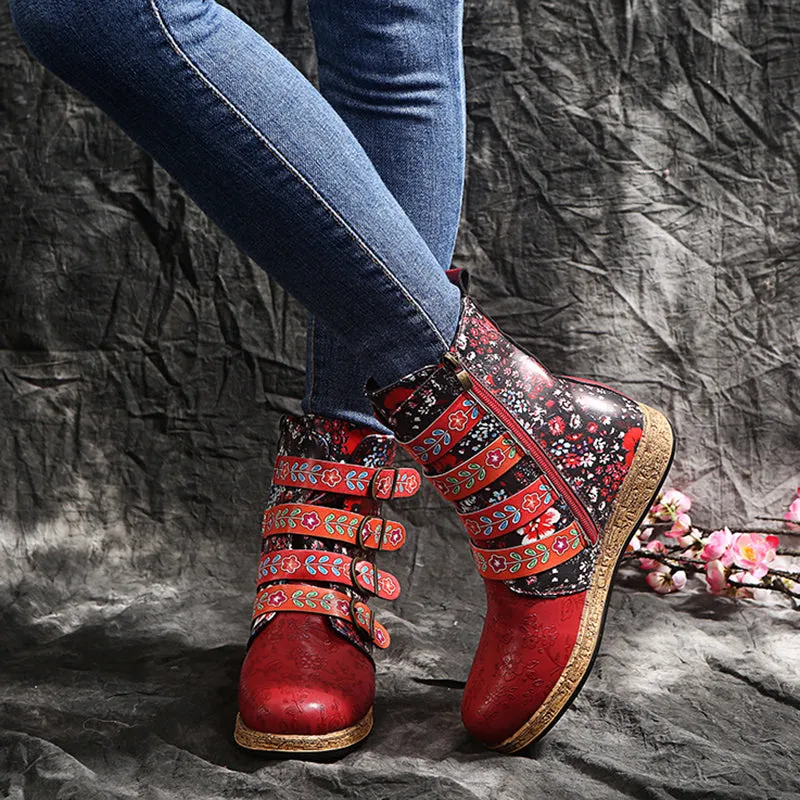 Women's retro floral print ethnic ankle boots boho flat buckle strap boots